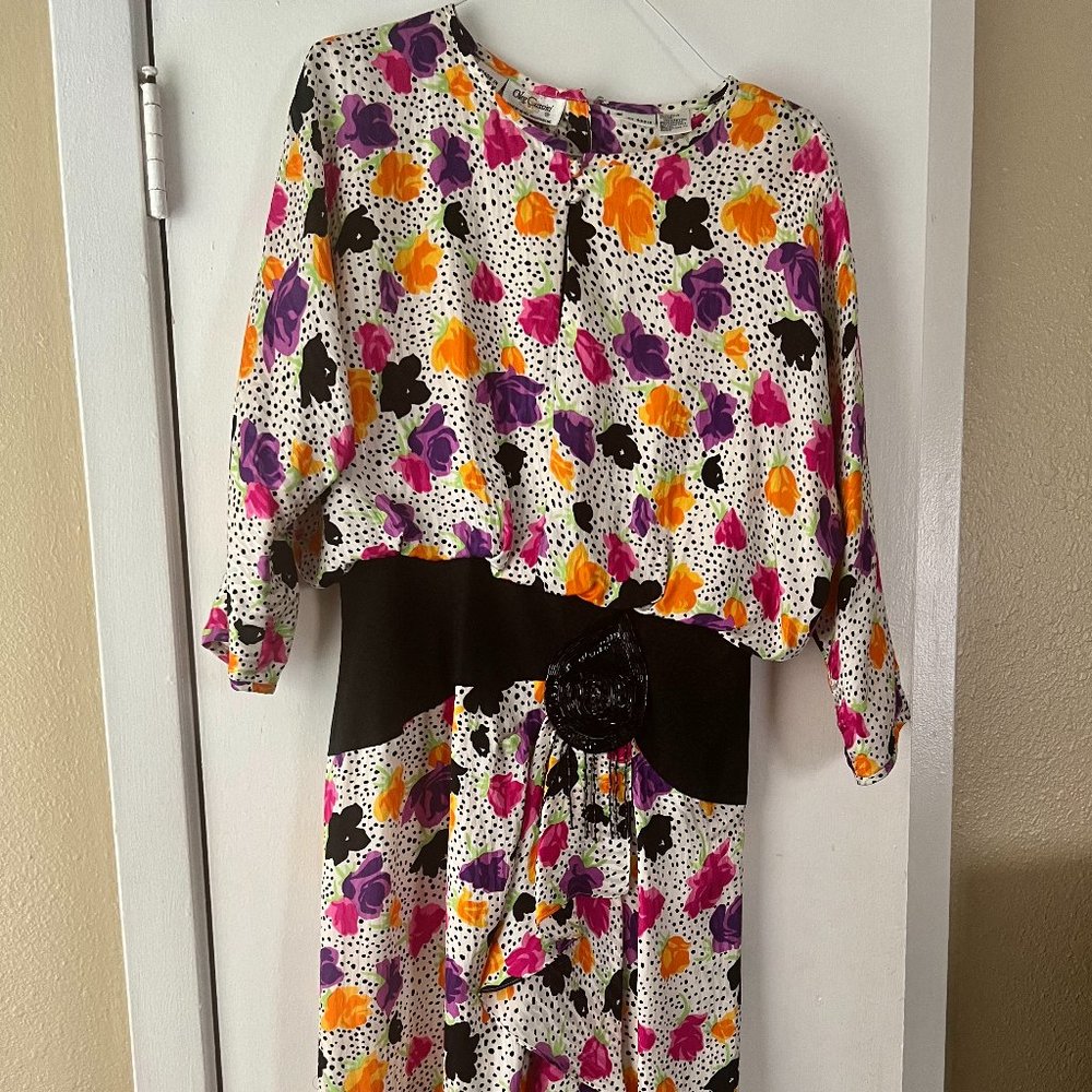 Vintage Oleg Cassini Silk B&W Polka Dot with Colorful Floral and Beaded Waist